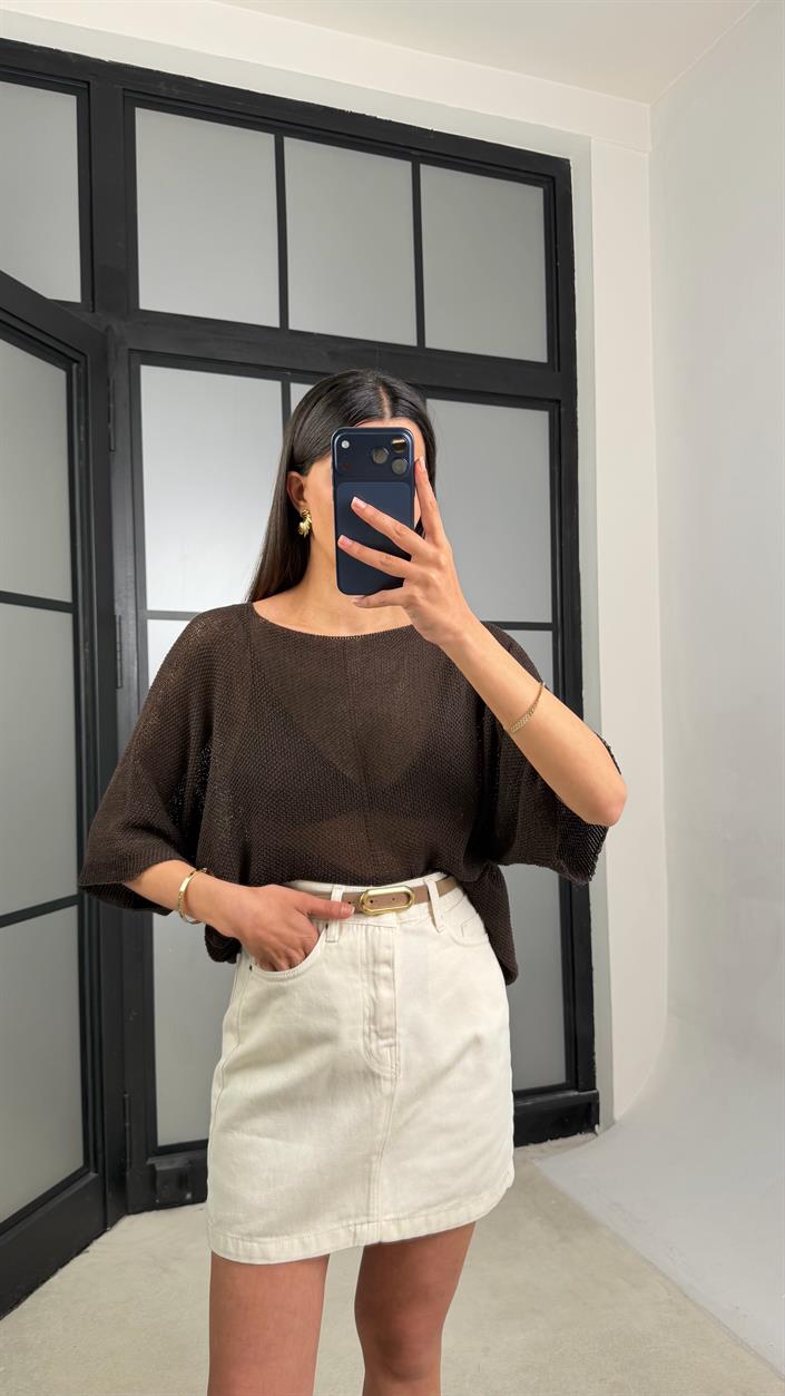 Acı Kahve Yarasa Kol Ajurlu Triko Bluz GAUS-01443