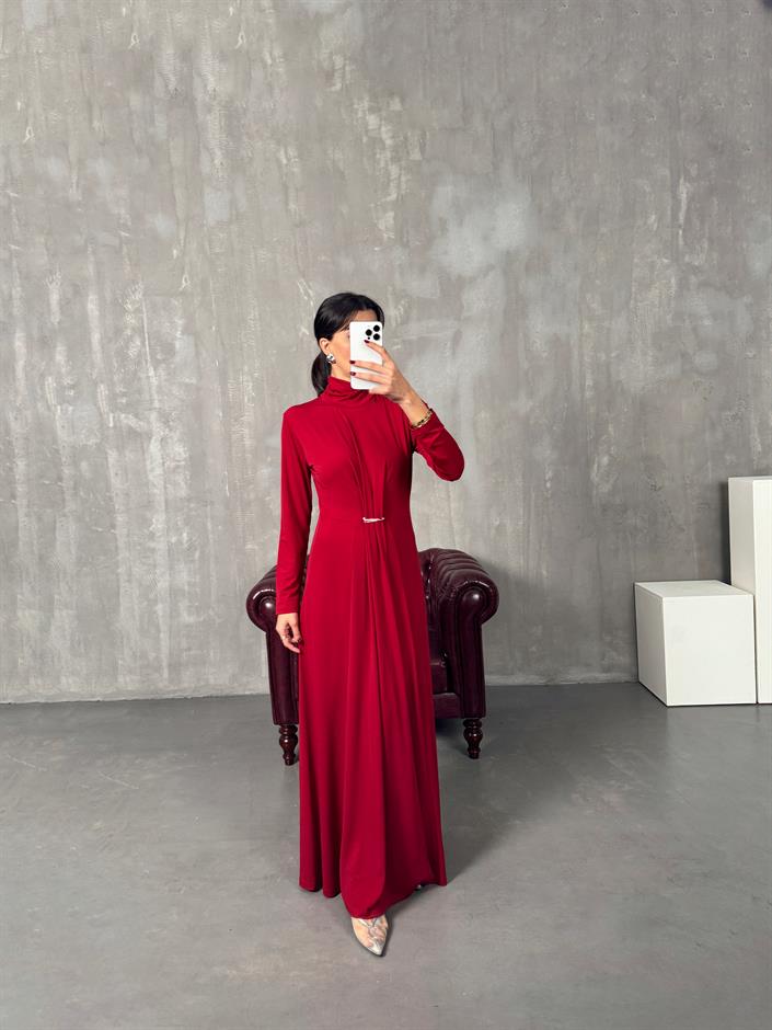 Jerse Bordo Balıkçı Yaka Tasarım Maxi Elbise
