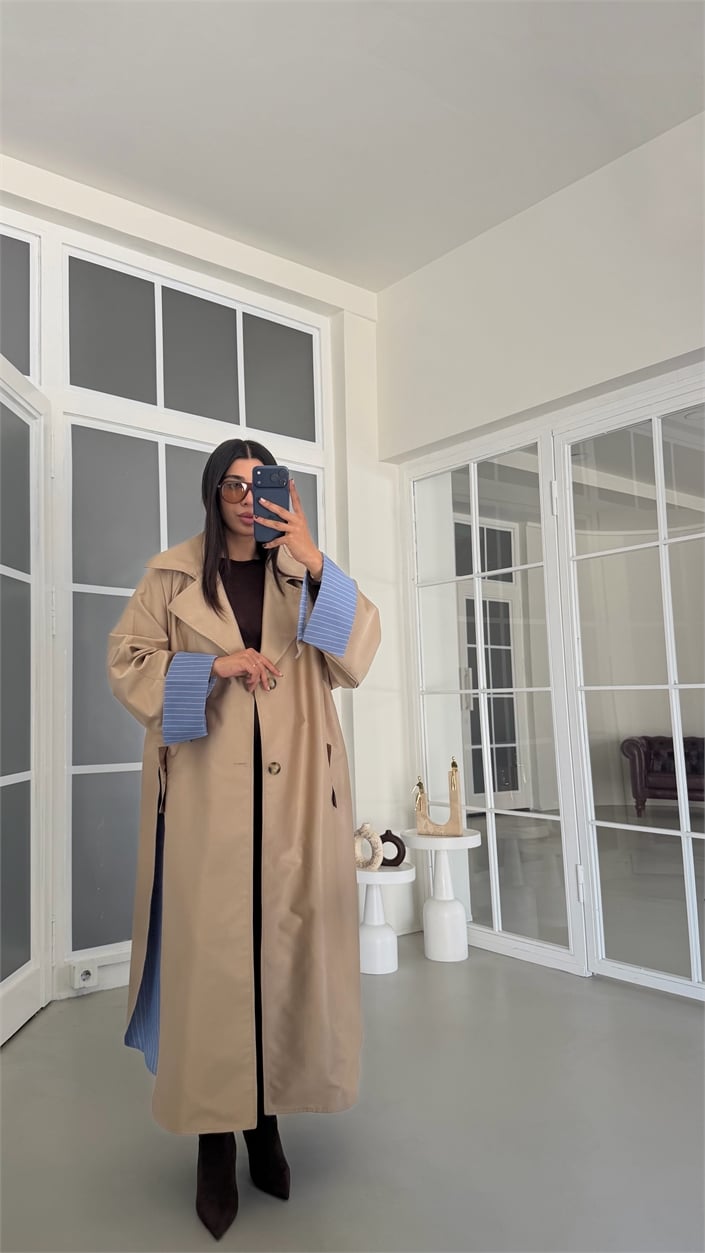 Camel Çizgi Astarlı Kuşaklı Premium Trençkot GAUS-01942