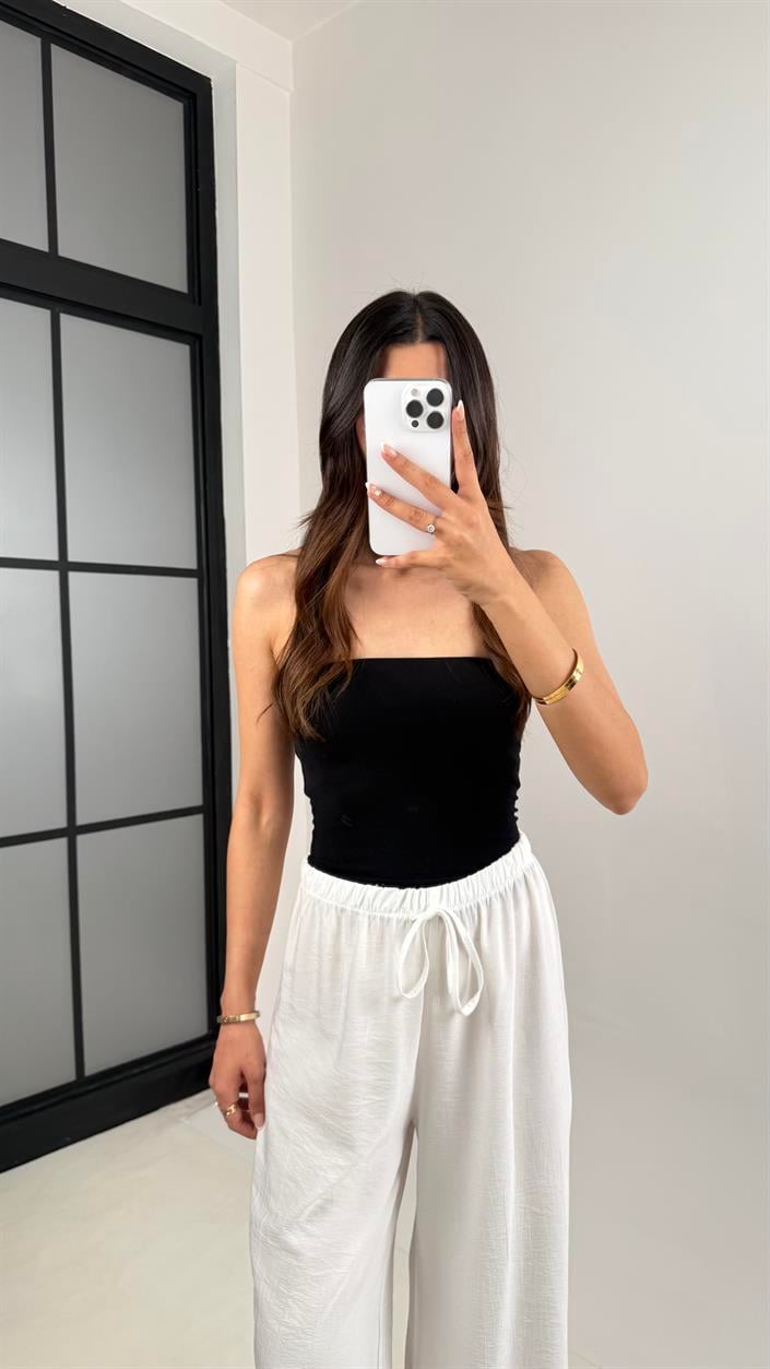 Beyaz Beli Lastikli Çilek Kumaş Pantolon Gaus00571