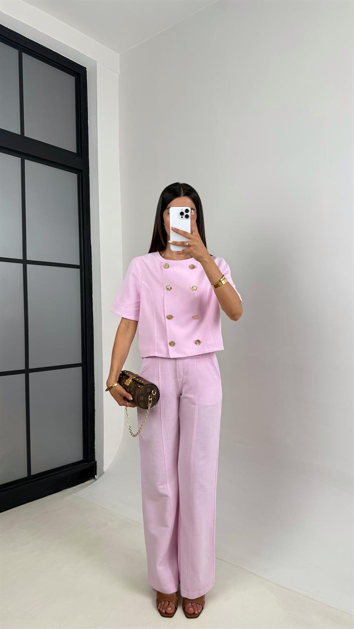 Pembe Önü Düğmeli Astarlı Yelek Cepli Pantolon İkili Keten Takım Gaus00670