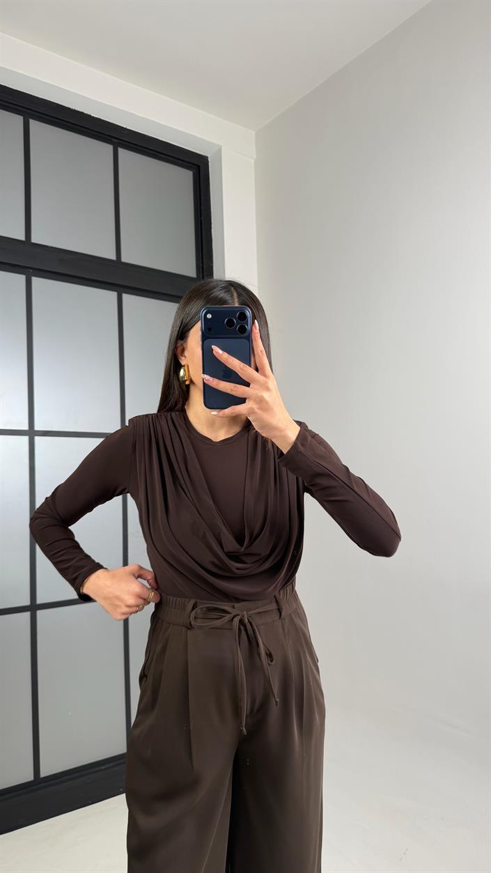 Acı Kahve Beli Lastikli Kuşaklı İthal Kumaş Pantolon GAUS-00869