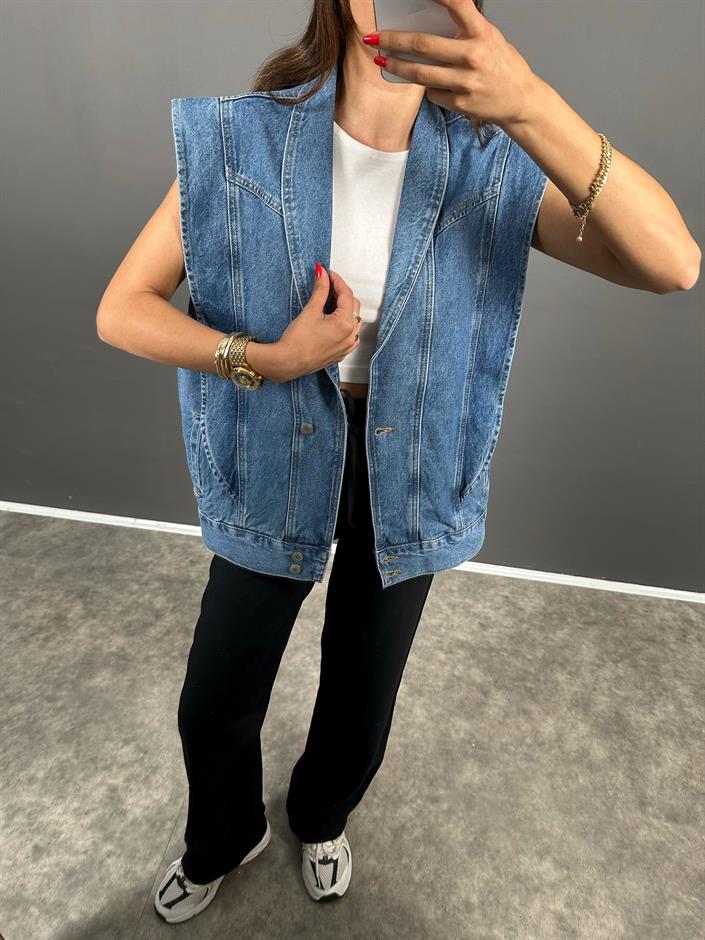 Move Mavi Denim Kol Detaylı Düğmeli Tasarım Kot Yelek 