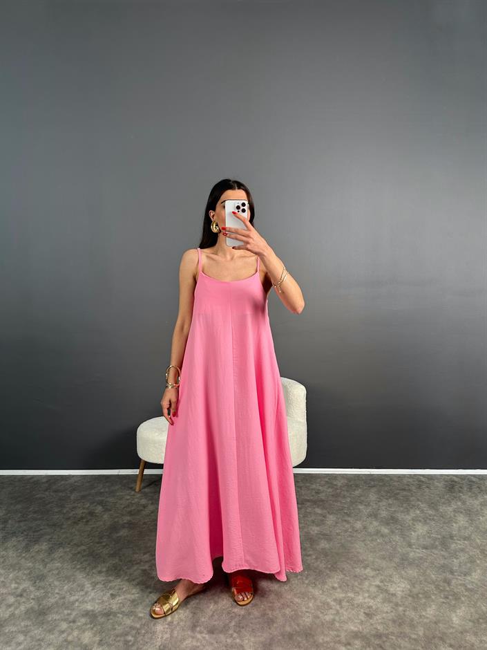 Jamin Pembe İp Askılı Uzun Elbise