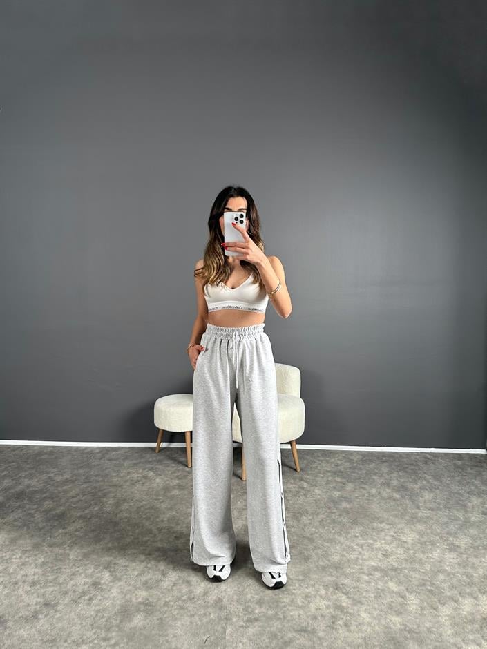 Gri Şeritli Çıtçıt Düğmeli Eşofman Altı