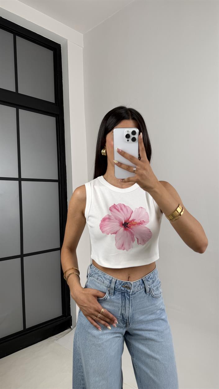 Beyaz Çiçek Baskılı Crop Gaus00666