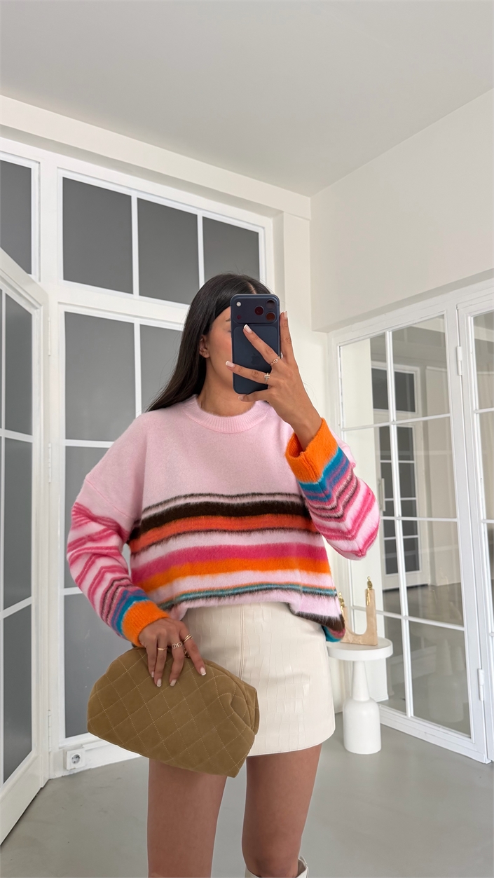 Pembe Bisiklet Yaka Çizgili Kazak GAUS-02182