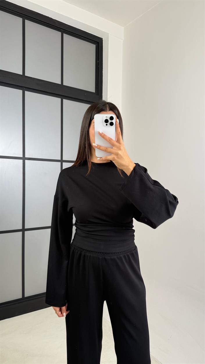 Siyah Yarasa Kol Bluz Beli Lastikli Pantolon Tasarım Modal Takım GAUS-00572