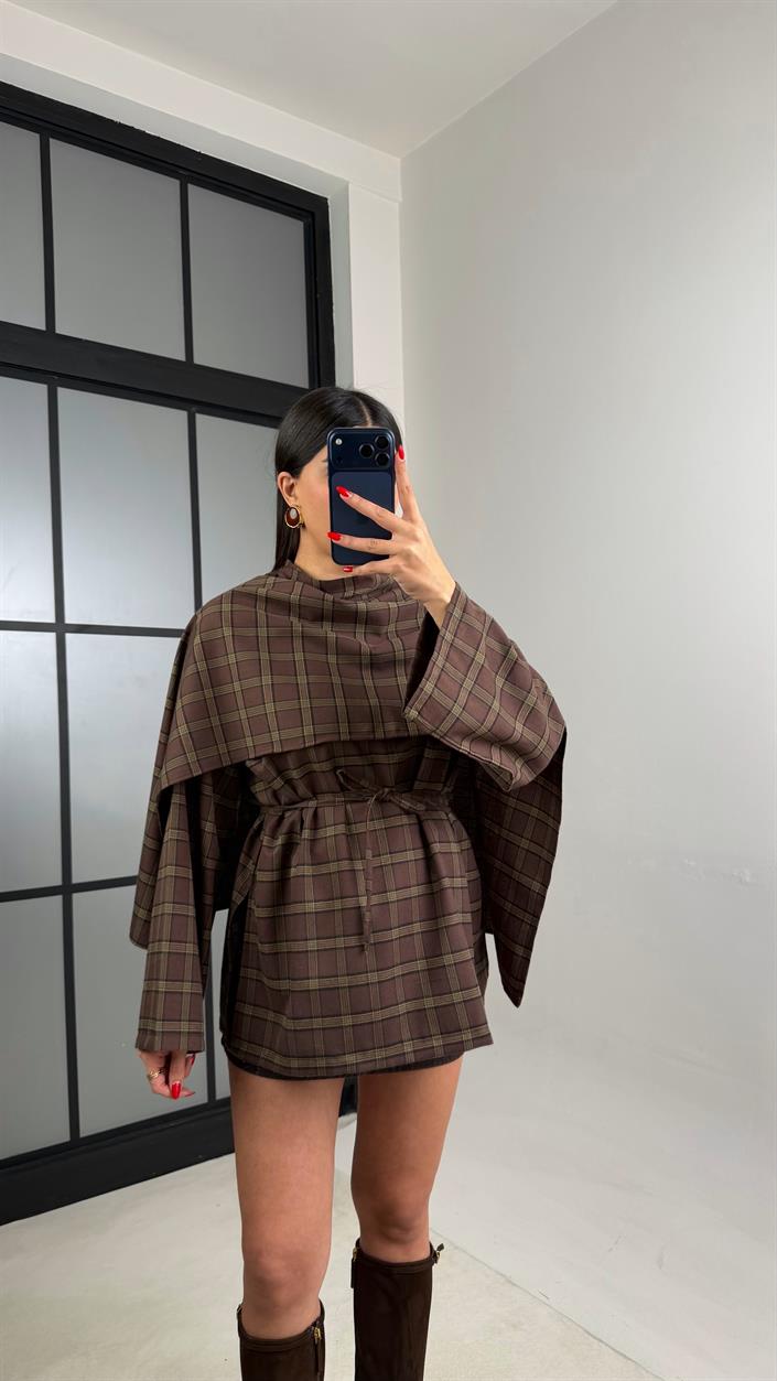 Kahve Atkı Detaylı Kuşaklı Tasarım Ekoseli Gömlek GAUS-01058