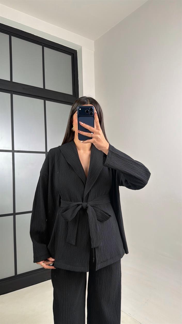 Siyah Kimono Beli Lastikli Pantolon İkili Muadil Takım GAUS-01113