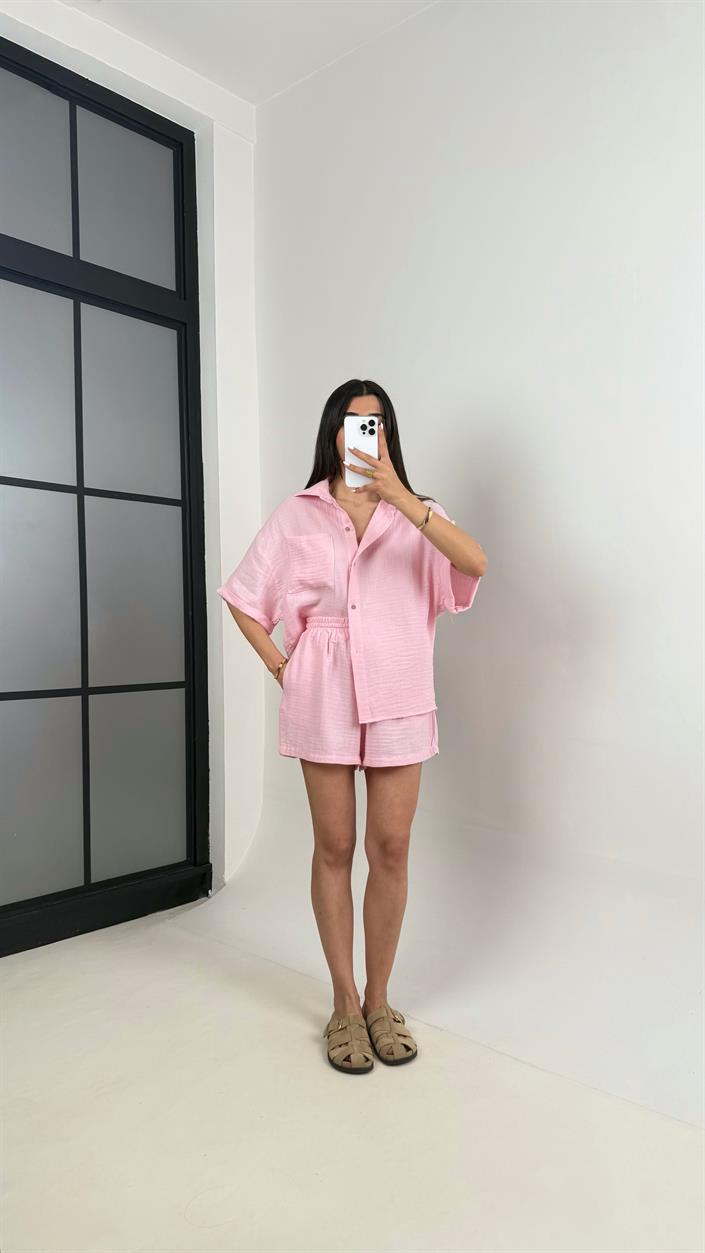 Pembe Cepli Gömlek Beli Lastikli Şort Müslin Takım Gaus00445