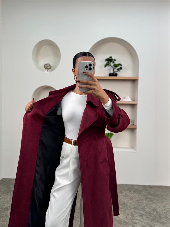 Aura Bordo Kuşaklı Premium Süet Kaban