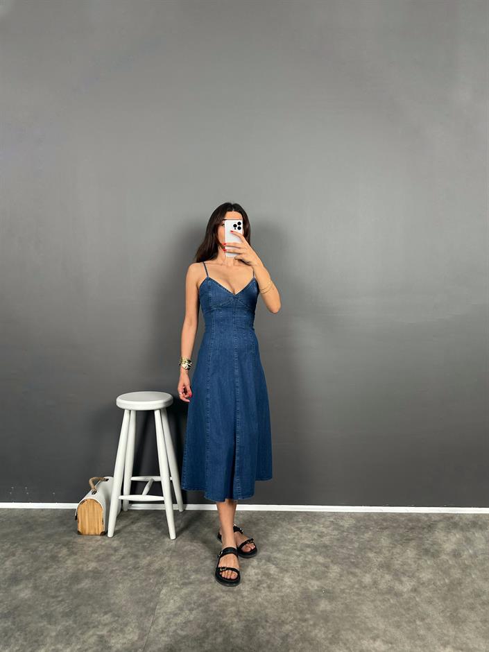 Jain Night Blue Ayarlanabilir Askılı Göğüs Detaylı Kot Elbise