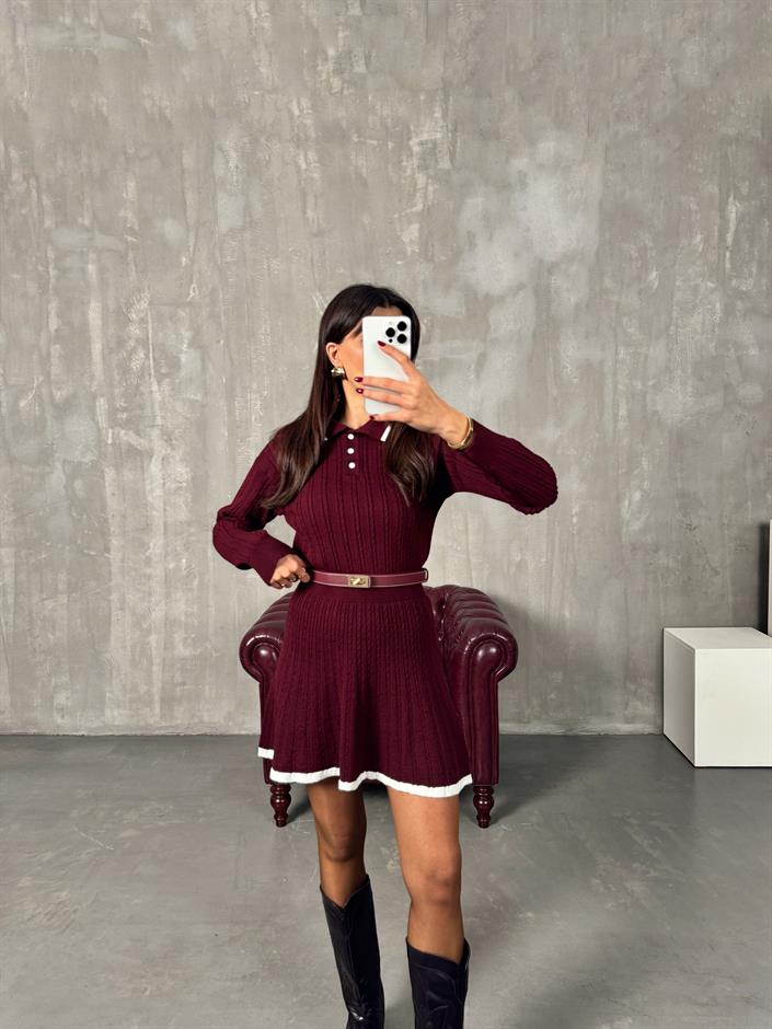 Picas Bordo Polo Yaka Triko Kazak Etek Takım