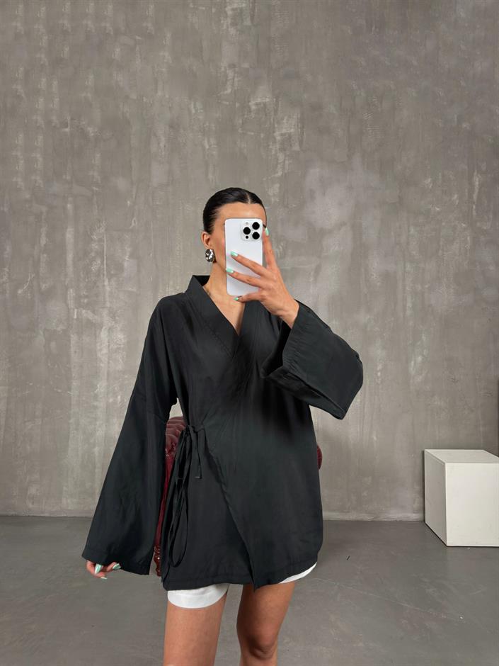 Siyah Önden Bağlamalı Tensel Kimono Gaus00240