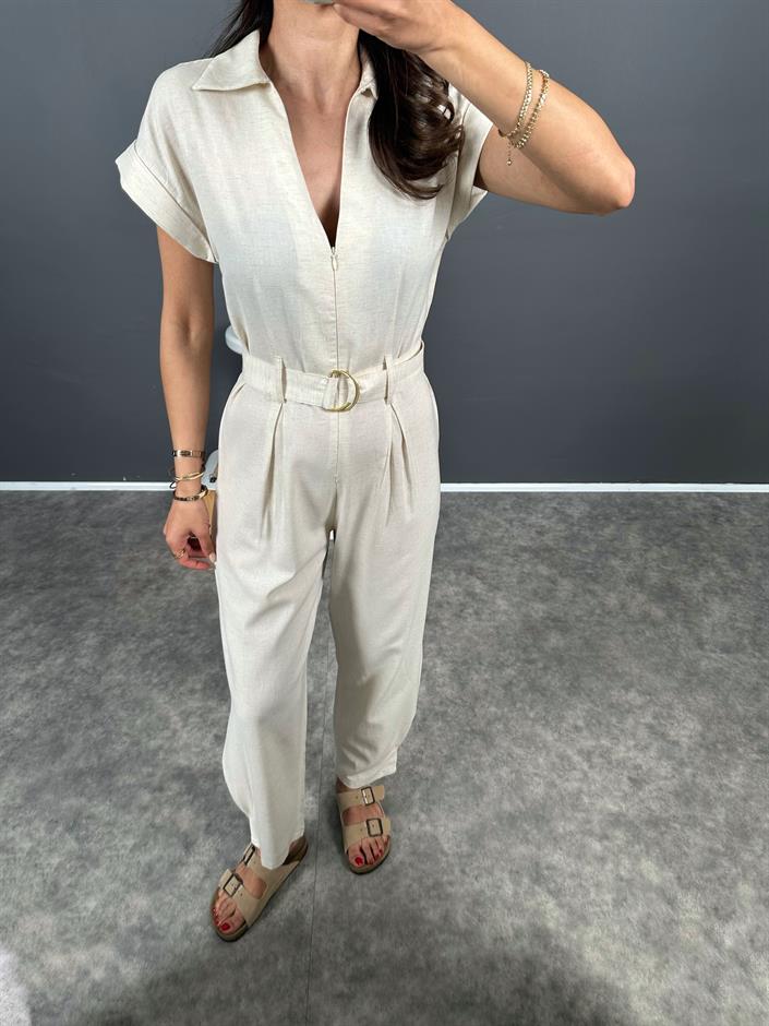 Tatissi Taş Kemer Bağlamalı V Yaka Keten Tulum