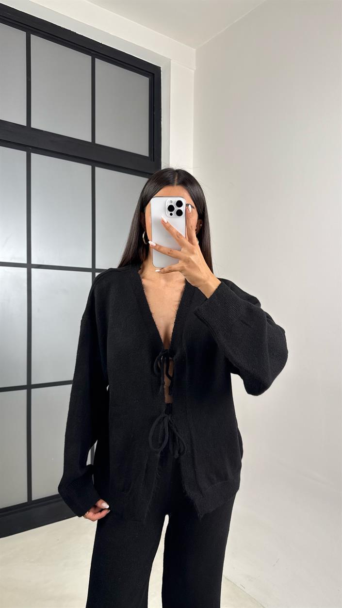 Siyah Önü Bağlamalı Hırka Beli Lastikli Pantolon Yumuşak Triko Takım GAUS-00203