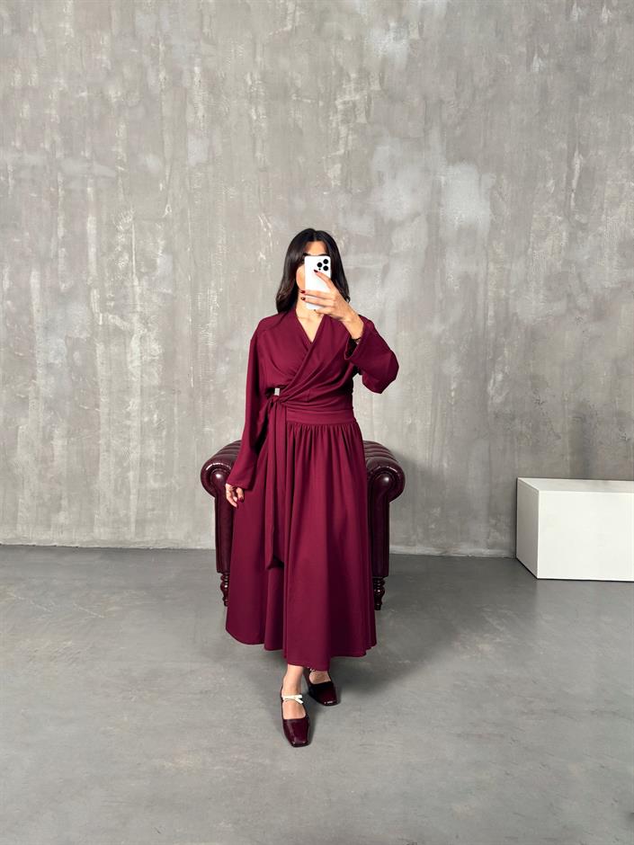 Vera Bordo Bağlamalı Bluz Etek Modal Takım