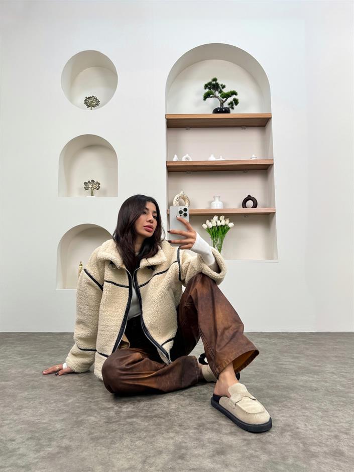 Dash Taş Deri Şeritli Peluş Biker Mont