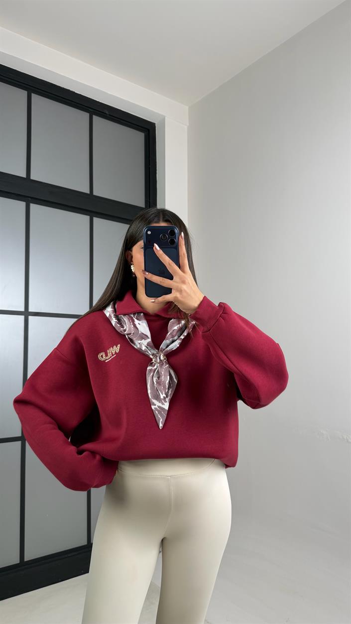 Bordo Şardonlu Fular Detaylı Sweatshirt GAUS-01078