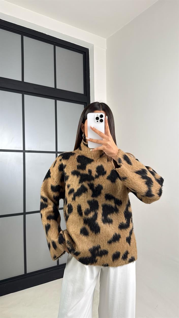 Camel Balıkçı Yaka Leopar Desenli Kazak GAUS-00532