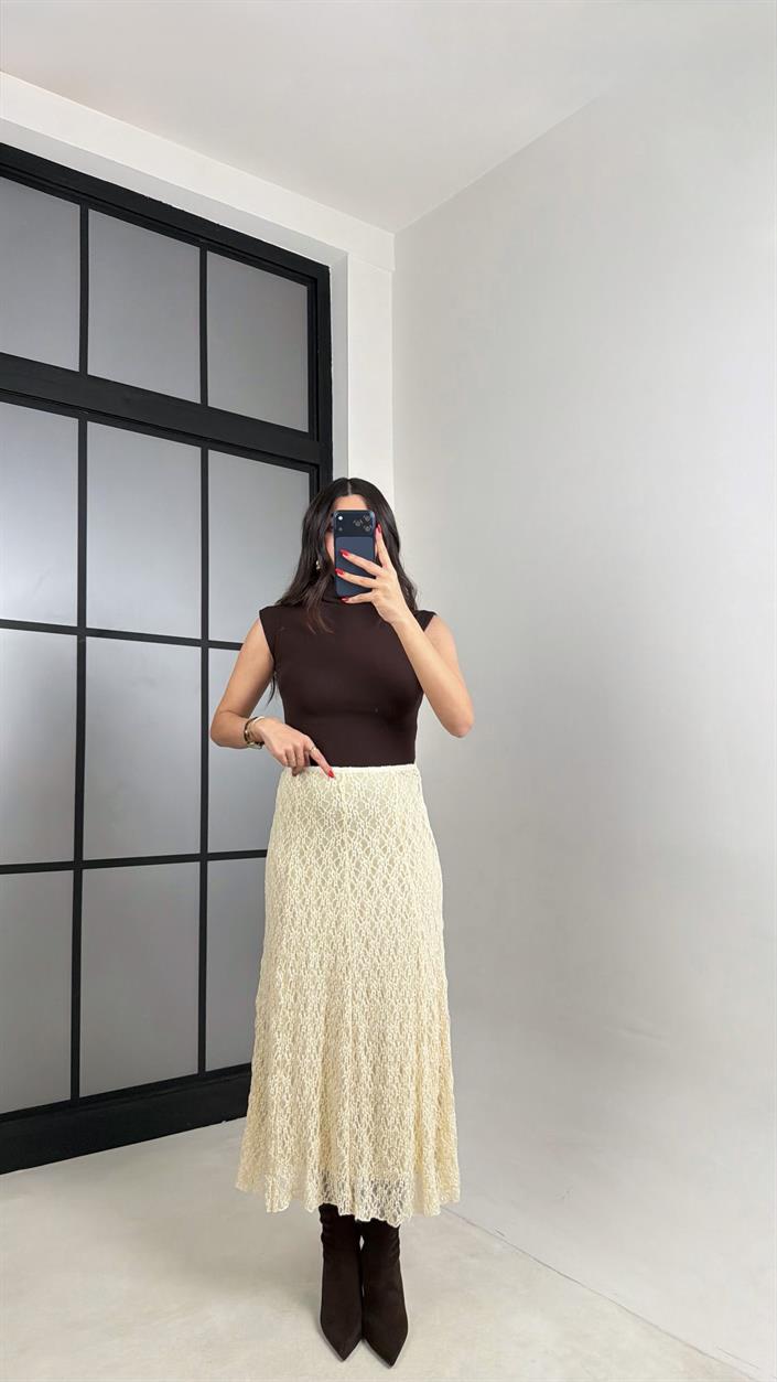 Ekru Beli Lastikli Astarlı Dantel Etek GAUS-00930