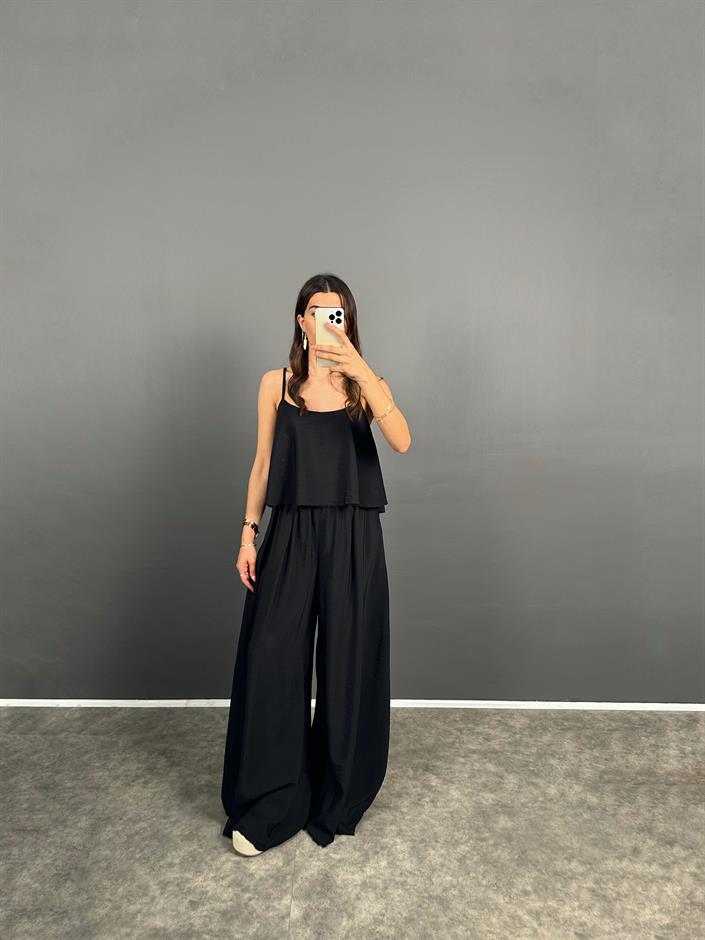Blon Siyah İp Askılı  Crop Bluz Bol Paça Pantolon Zr Model İkili Takım