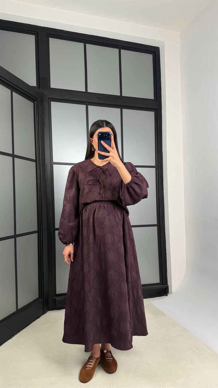 Mürdüm Çiçek Nakışlı Gömlek Beli Lastikli Etek Takım GAUS-01182