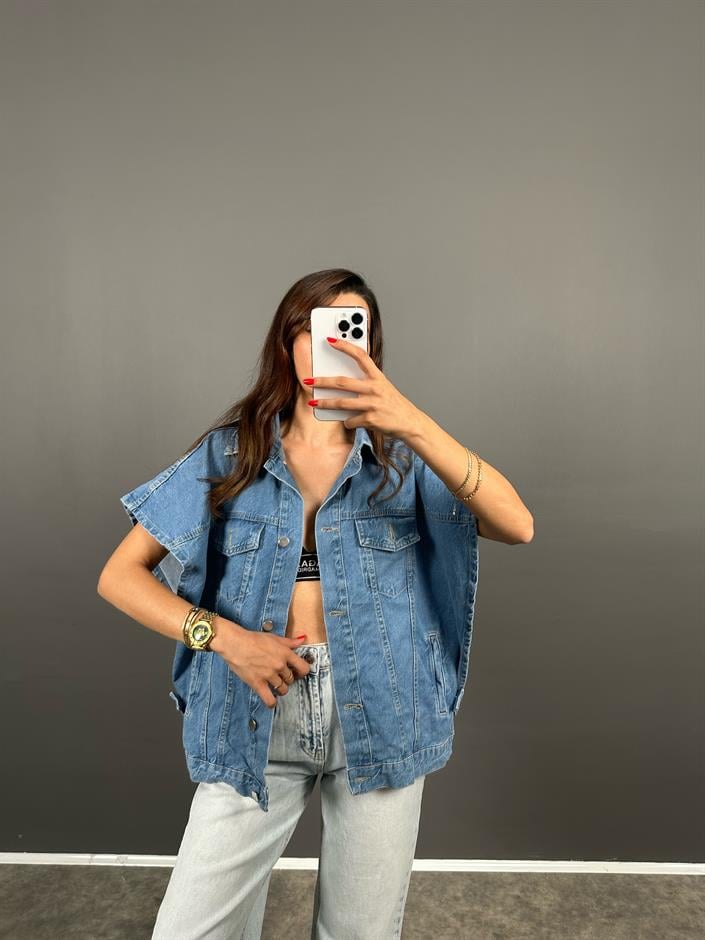 Laswel Mavi Yarasa Kol Tasarım Denim Kot Yelek 