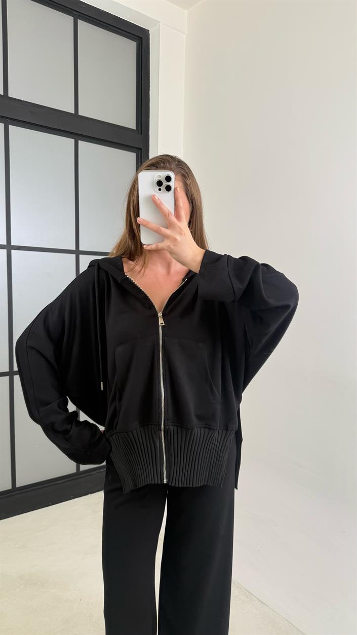 Siyah Ribanalı Kapüşonlu Hırka Beli Lastikli Pantolon Modal Takım GAUS-00697