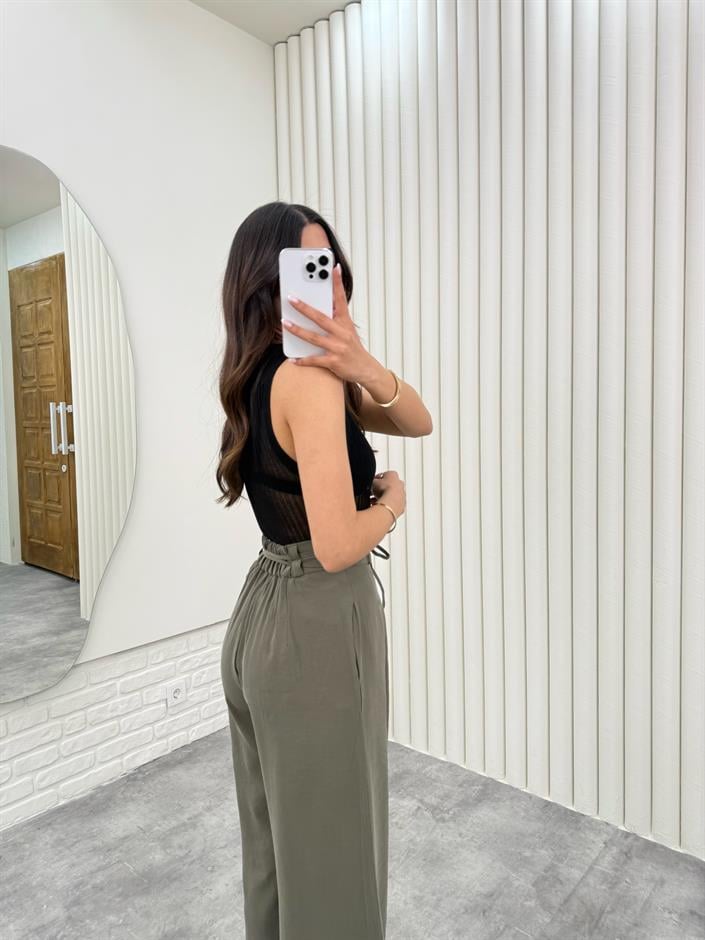 Haki Kuşaklı Tensel Kırışık Kumaş Palazzo Pantolon Gaus00302