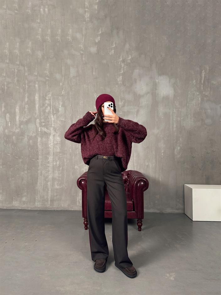 Rodni Kahve Bordo Şeritli Yünlü Poliviskon Tasarım Pantolon