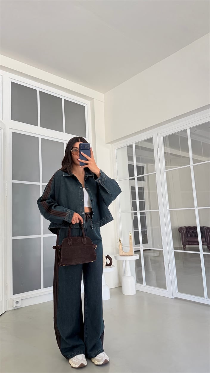 Kahve Şerit Detaylı Ceket Beli Lastikli Pantolon İkili Denim Takım GAUS-02094