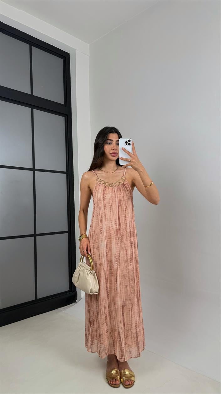 Pembe Askılı Gold Detaylı Astarlı Kırışık Kumaş Elbise Gaus00560