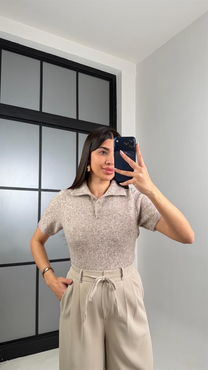 Bej Polo Yaka MD Muadil Yumuşak Dokulu Kazak GAUS-00864