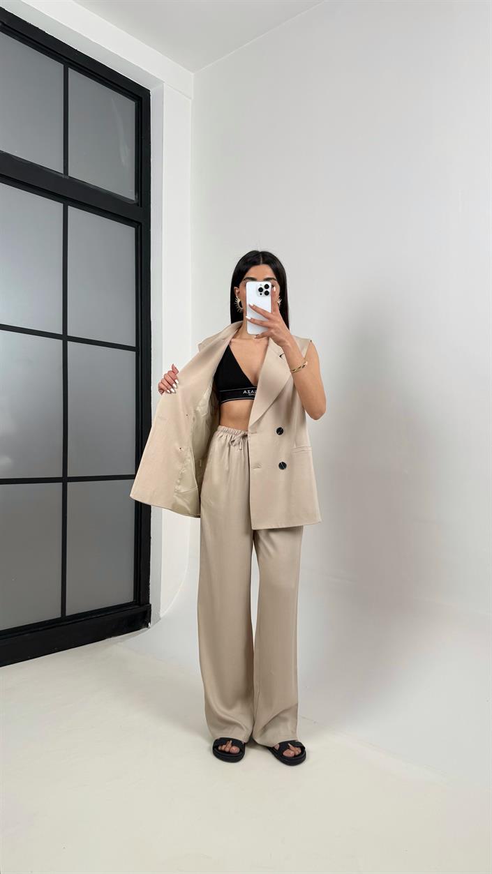 Taş  Önü Düğmeli Astarlı Yelek Beli Lastikli Pantolon Tencel Premium Takım Gaus00366