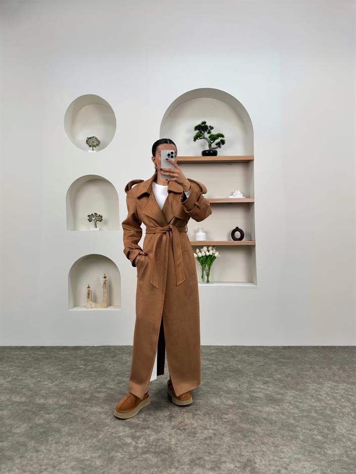 Aura Camel Kuşaklı Premium Süet Kaban