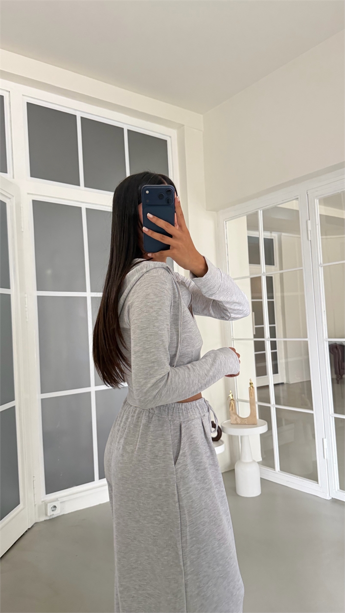 Gri Kapüşonlu Hırka Beli Lastikli Geniş Paça Pantolon İkili OYS Modal Kumaş Takım GAUS-02152