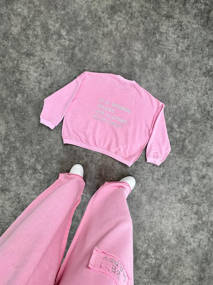 Berry Pembe Eskitme Bisiklet Yaka Taşlı Takım