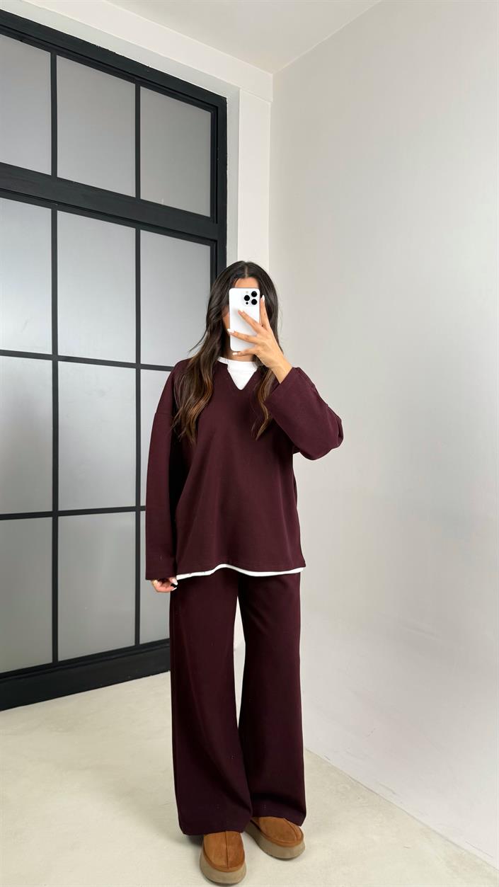 Mürdüm Tshirt Detaylı Kazak Beli Lastikli Pantolon İkili Triko Takım GAUS-00485