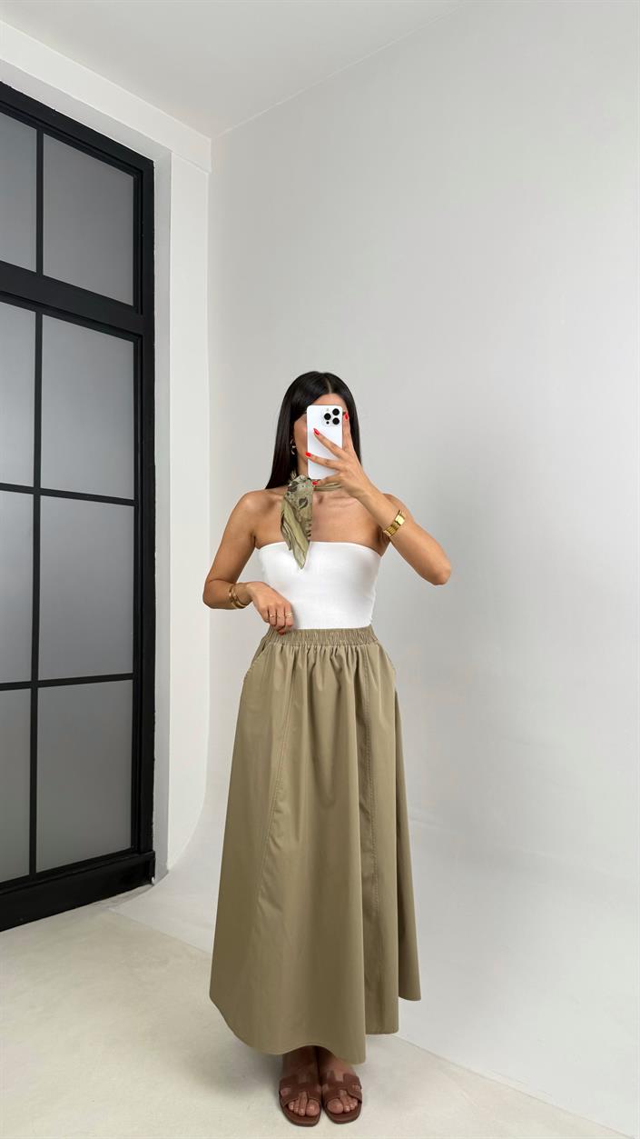 Yeşil Beli Lastikli Cepli Poplin Etek GAUS-0041