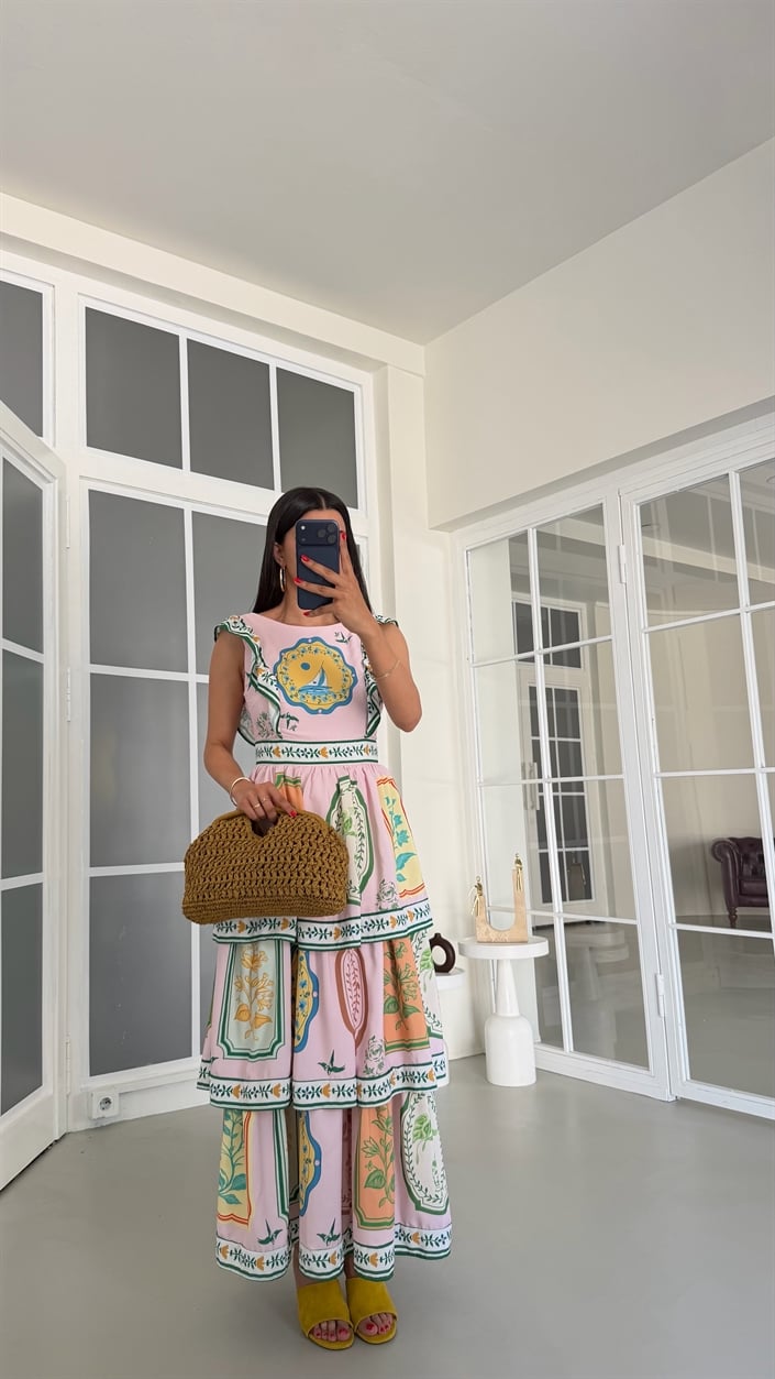 Çok Renkli Desenli Katlı Pinterest Elbise GAUS-01819