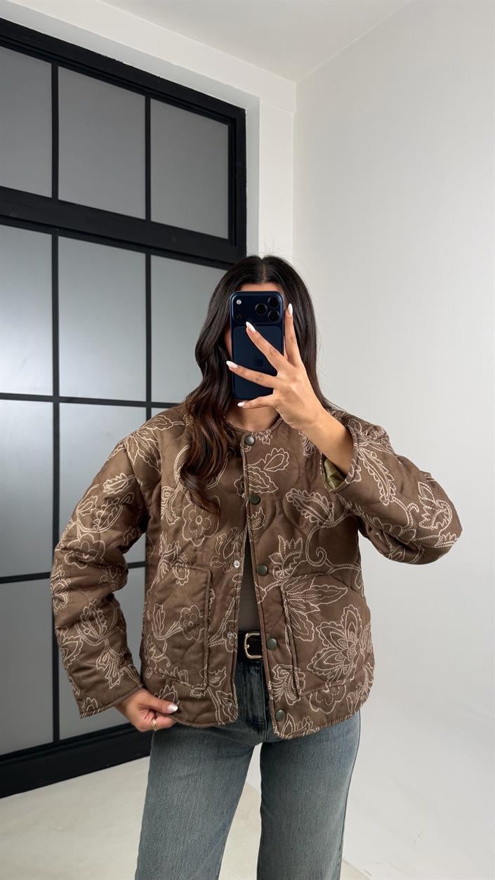 Haki Etnik Desenli Astarlı Kapitone Mont GAUS-00596