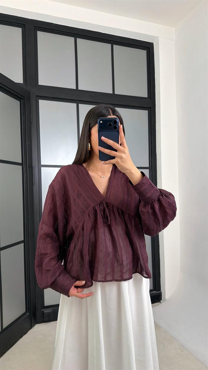 Mürdüm Balon Kol Transparan Gömlek GAUS-01201