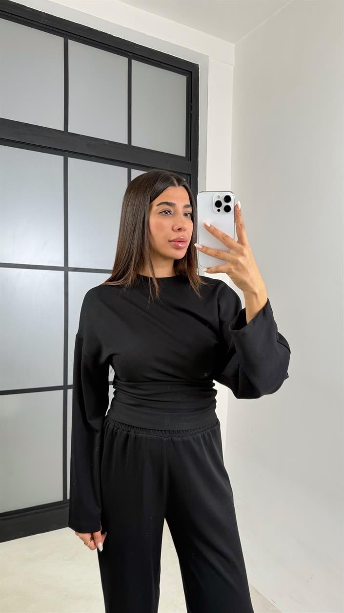 Siyah Yarasa Kol Bluz Beli Lastikli Pantolon Tasarım Modal Takım GAUS-00572