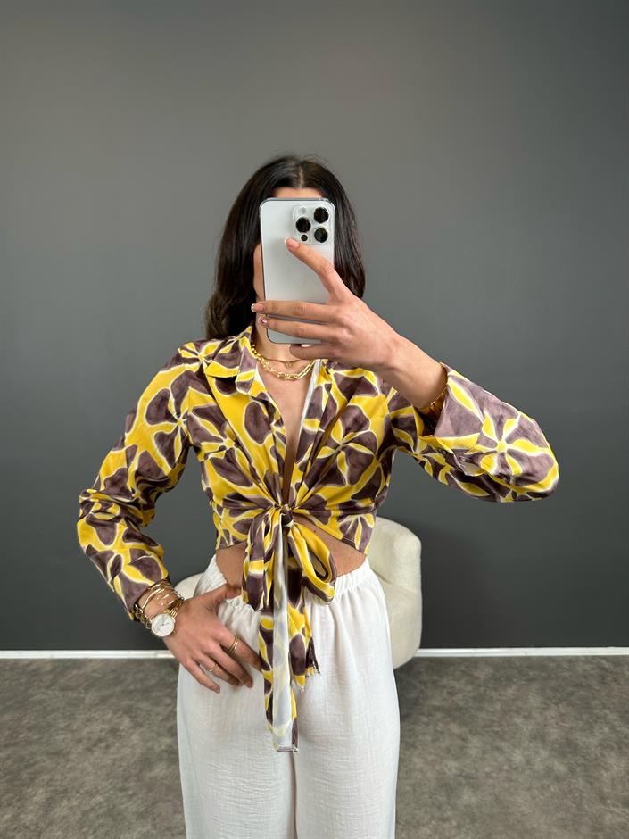 Sarı İthal Yumuşak Saten Bağlamalı Bluz