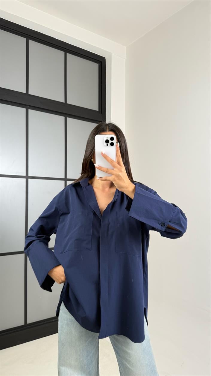 Lacivert Gizli Düğmeli Kol Katlamalı Poplin Gömlek GAUS-00449