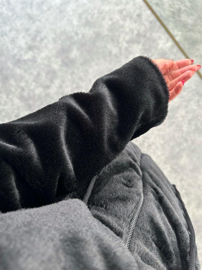 Rozy Siyah Fermuarlı  Astarlı Peluş Kürk Mont 