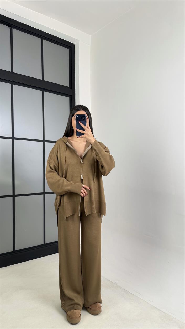 Kahve Çift Fermuarlı Kapüşonlu Hırka Beli Lastikli Pantolon İkili Triko Takım GAUS-00676