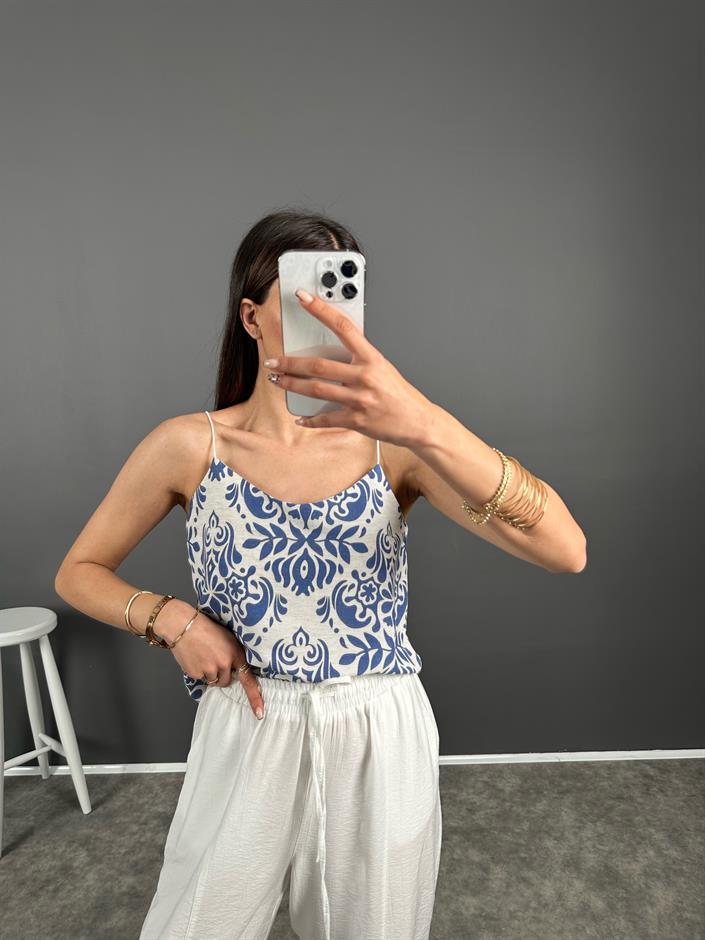 Mavi Keten Askılı Crop 